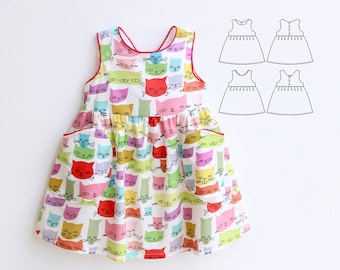 KITTY Girl Dress Pinafore sewing pattern Pdf, Woven, newborn up to 10 years