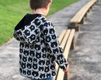 Patron de veste à capuche réversible pour enfants couture Pdf, veste BUDDY BUDDY pour bébé, lapin et ours, tout-petit, tissé et jersey, nouveau-né - 10 ans