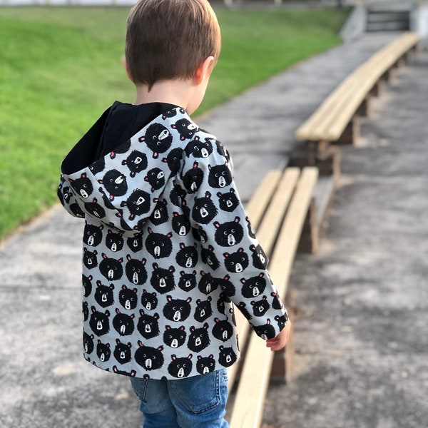 Patron de veste à capuche réversible pour enfants couture Pdf, veste BUDDY BUDDY pour bébé, lapin et ours, tout-petit, tissé et jersey, nouveau-né - 10 ans