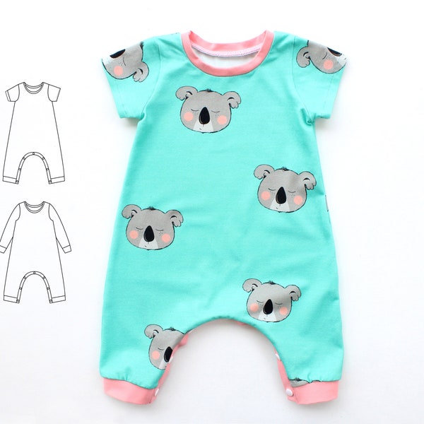 FUNNY FRIENDS Long Romper pattern Pdf, Jersey Harem Romper, Short and Long Sleeves, Baby Boy Girl romper, Toddler romper, preemie - 4 years