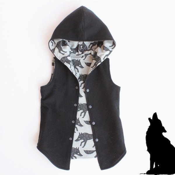 Big Bad WOLF Vest Boy Girl Vest pattern Pdf sewing, Long Vest, Fully lined REVERSIBLE Vest, Children Toddler Vest newborn - 10 yrs