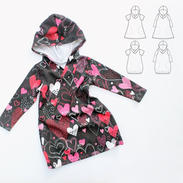 XOXO Hooded Girl Dress sewing pattern Pdf, Long and Short Sleeve, Knit, 2 years up to 10 years