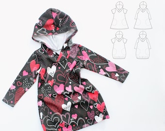 XOXO Hooded Girl Dress sewing pattern Pdf, Long and Short Sleeve, Knit, 2 years up to 10 years