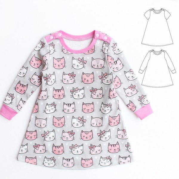 Girl Dress sewing pattern Pdf, BABY CATS, Long and Short Sleeve, Knit, newborn up to 10 years