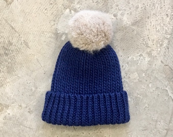 Navy Blue Knit Wool Beanie Hat With Detachable Pom Pom. Womens, Mens, Chunky Blue Hat Merino Wool Hats. Gift For Her Gift For Him Women Hat