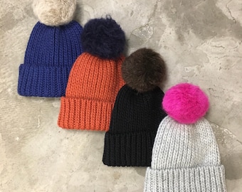 Chunky Knit Wool Beanie Hat With Detachable Pom Pom