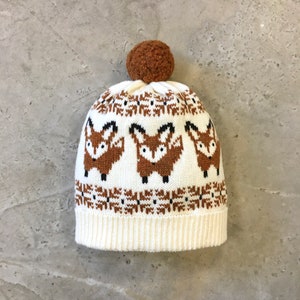 Gorro de zorro de lana de cordero tejido a mano, gorro con pompón