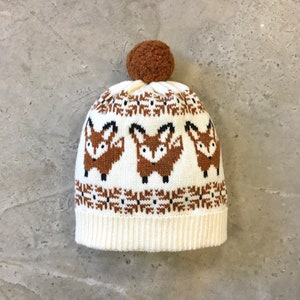 Fox Beanie Hat Wool Knit Womens Beanie Fox Beanie Fox Hat Girls Beanie Fox Motif Fox Knitted Fox Knit Knitted Fox Beanie Womens Cream Knit image 1