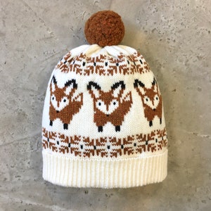 Fox Beanie Hat Wool Knit Womens Beanie Fox Beanie Fox Hat Girls Beanie Fox Motif Fox Knitted Fox Knit Knitted Fox Beanie Womens Cream Knit image 5