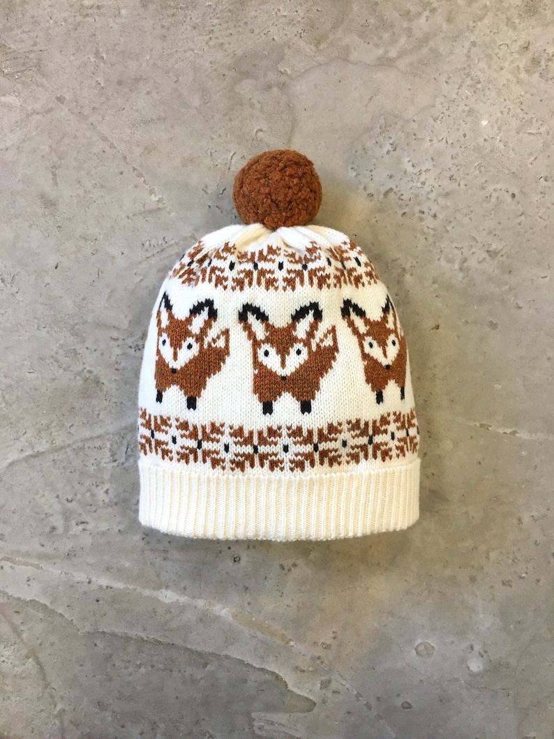 Handmade Knitted Lambswool Fox Beanie, Bobble Hat image 1
