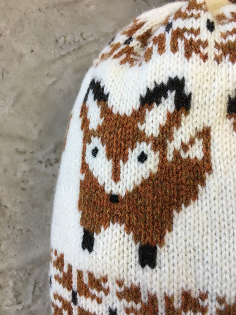 Fox Beanie Hat Wool Knit Womens Beanie Fox Beanie Fox Hat Girls Beanie Fox Motif Fox Knitted Fox Knit Knitted Fox Beanie Womens Cream Knit image 2