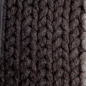 Puede incluir: Primer plano de una tela de punto grueso de color marr&oacute;n oscuro. La textura se crea mediante gruesas columnas verticales de hilo entrelazado, creando un patr&oacute;n trenzado en relieve. El color cambia a un gris m&aacute;s claro en el borde derecho.