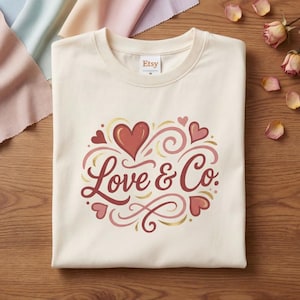 Op de afbeelding: Crèmekleurig T-shirt met de tekst "Love & Co." in een decoratief lettertype, omringd door harten en krullen in rood- en goudtinten. Het shirt is netjes op een houten oppervlak gevouwen.