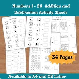 Preschool Math Worksheets | Numbers 1-20 Addition Subtraction | Practice Sheets | Homeschool Learning Printable | Kindergarten | 32 pages