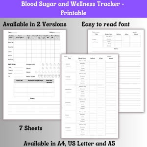 Blood Sugar Log & Wellness Journal, Diabetes Tracker Printable, Glucose Monitoring Sheet, Macro Food Diary, Medical Planner, A4 A5 Letter