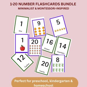 Montessori Number Flashcards 1-20 | 2 Sets: Minimalist & Counting Objects | 40 Cards | Preschool Math | Digital Download