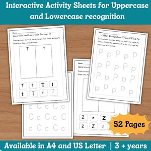 May include: Educational activity sheets for uppercase and lowercase letter recognition. The sheets include tracing and sorting exercises for letters T, P, C, and Z. The image shows multiple pages with instructions and examples. The product is available in A4 and US Letter sizes.