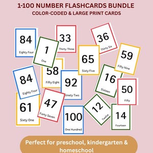 Schede didattiche con i numeri da 1 a 100 / codificate a colori, caratteri grandi (lettera USA e A4)