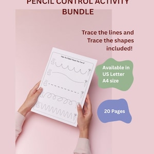 May include: A pink background with text that reads "Pencil Control Activity Bundle". A person is holding a white paper with tracing lines and shapes. The text "Trace the lines and Trace the shapes included!" is also visible. The paper is available in US Letter and A4 size.