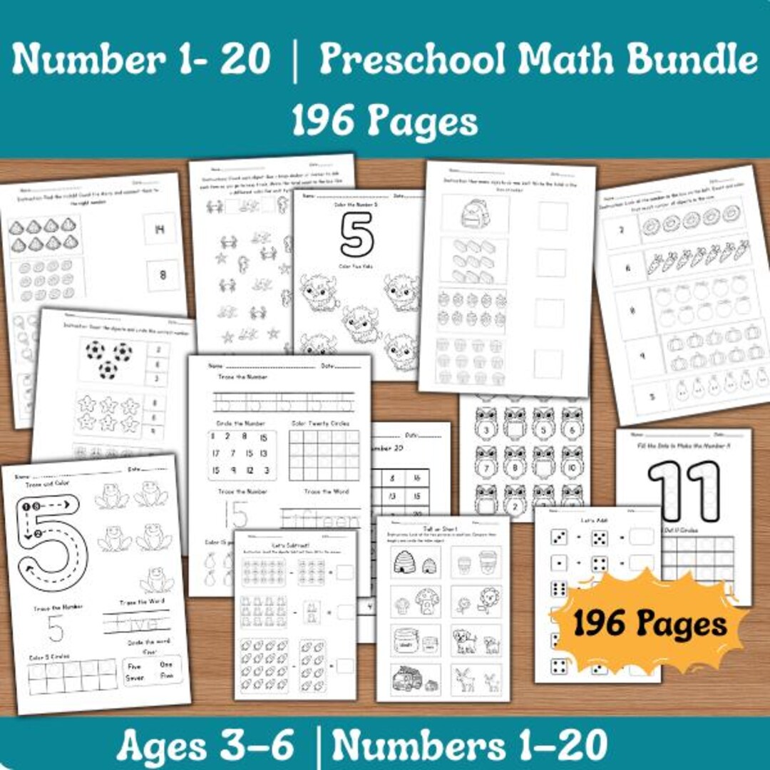 Preschool Math Worksheets Bundle | Numbers 1-20, Counting, Addition ...