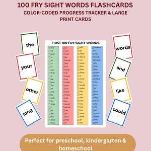 Tarjetas de vocabulario de Fry First 100 Sight Words / Hoja de seguimiento del progreso de lectura para jardín de infantes, codificada por colores (A4/carta de EE. UU. imprimible)