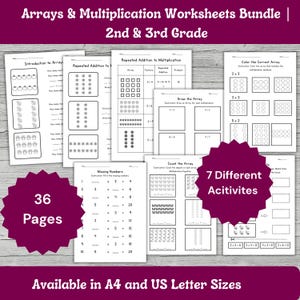 Puede incluir: Un paquete de 36 hojas de trabajo educativas para matemáticas de 2º y 3º grado, con ejercicios de matrices y multiplicación. Las páginas incluyen actividades como suma repetida, dibujo de matrices y números faltantes en blanco y negro.