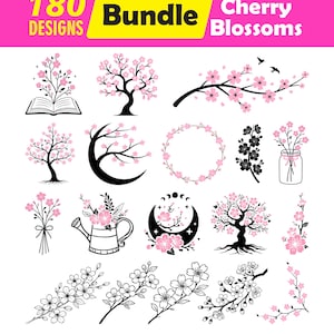 May include: A bundle of 180 cherry blossom designs in various styles. The designs include trees, branches, and floral arrangements in black and pink. The image also includes the text "Bundle" and "Cherry Blossoms".