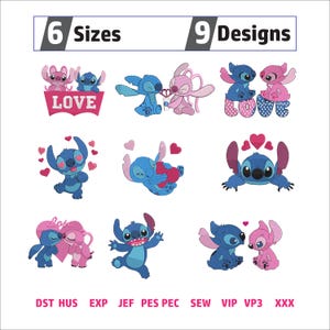 Może przedstawiać: Dziewięć wzorów przedstawiających postacie Stitcha i Angel w różnych pozach, z sercami i napisem "LOVE". Obraz wyświetla również "6 Rozmiarów" i "9 Wzorów" w górnych rogach oraz skróty typów plików na dole.