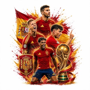 May include: A graphic illustration featuring four soccer players in red jerseys with yellow accents, the Spanish national flag, the Spanish football crest, and a gold World Cup trophy, all set against a vibrant red and yellow paint splatter background.