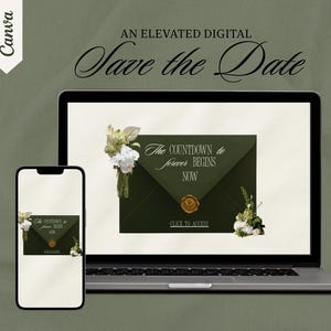 May include: A digital wedding invitation design displayed on a laptop and smartphone. The design features a dark green envelope with gold wax seal and the text "Save the Date". The text "The countdown to forever begins now" is also visible.