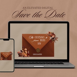 Può includere: Un design di invito di nozze digitale visualizzato su un laptop e uno smartphone. Il design presenta una busta marrone con il testo "The countdown to forever begins now" e accenti floreali. Le parole "Save the Date" sono in alto.