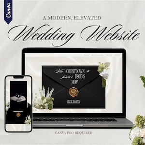 Puede incluir: Un ordenador portátil y un smartphone muestran un diseño moderno de sitio web de bodas. La pantalla del portátil muestra un diseño de sobre negro con el texto "The Countdown to Forever Begins Now". El smartphone refleja el diseño. La imagen incluye acentos florales.