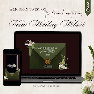 May include: A laptop and smartphone display a wedding website design. The laptop screen shows a green envelope with the text "The countdown to forever begins now." Floral arrangements and the text "Video Wedding Website" are also visible.