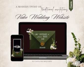 Moss Green Video Save the Date & Wedding Website | Interactive Save the Date Website | Canva Editable | Soft RSVP | No Canva Pro Required