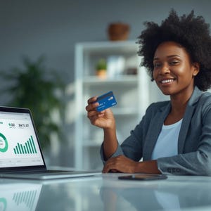 May include: A woman in a gray blazer holds a blue credit card while smiling at the camera. A laptop displays a financial graph with green and white elements. The scene takes place in a modern office setting.