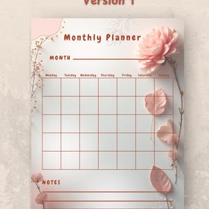 May include: Aesthetic monthly planner, version 1, with a soft pink and white design. The planner features a monthly calendar grid, a space for notes, and decorative floral accents. The text "Monthly Planner" is displayed at the top.