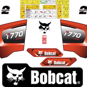 May include: A collection of Bobcat decals and warning labels. The decals include the Bobcat logo, the text "Bobcat", "i770 R-Series", and various safety symbols. The color scheme is primarily red, black, and white.