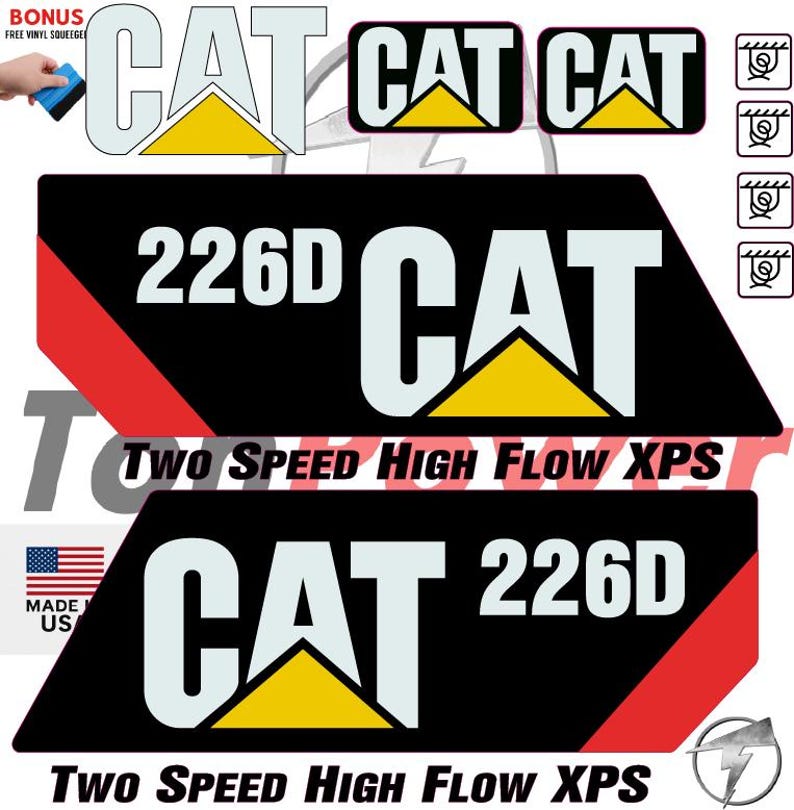 May include: A collection of CAT decals in various sizes and designs. The decals feature the CAT logo with a yellow triangle and the text "CAT" in white. Some decals include "226D" and "TWO SPEED HIGH FLOW XPS" text. Made in the USA.