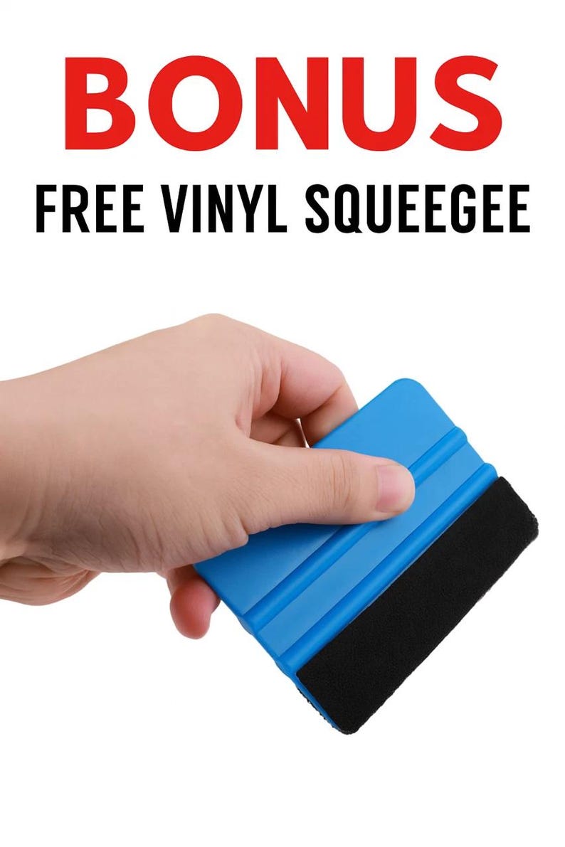 May include: A blue vinyl squeegee with a black felt edge is held in a hand. The text "BONUS" in red and "FREE VINYL SQUEEGEE" in black is displayed above the squeegee. The background is white.
