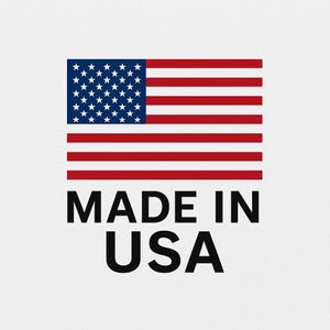 May include: The American flag with red and white stripes and a blue square with white stars. Below the flag, the text "MADE IN USA" is printed in bold, black letters.