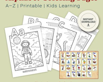 Pode incluir: Um conjunto de páginas para colorir do alfabeto imprimíveis para crianças. Cada página apresenta uma letra com uma imagem correspondente para colorir, como um astronauta para a letra "A". Inclui um pôster do alfabeto colorido de bônus. O texto diz "Alphabet Coloring Pages A-Z | Printable | Kids Learning".