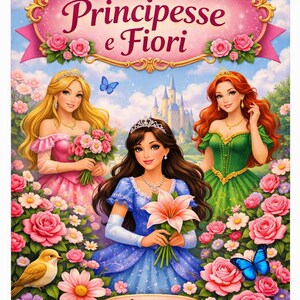 May include: A digital illustration featuring three princesses in gowns of pink, blue, and green, surrounded by colorful flowers, a bird, and butterflies. The top banner reads Principesse e Fiori, and a bottom banner displays the name Antonio.