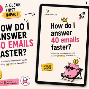 Puede incluir: Una tableta digital muestra el texto "¿Cómo respondo a 40 correos electrónicos más rápido?" con un cerdo con gafas de sol. La guía promete ahorrar dos horas al día con IA. La imagen incluye un cohete y una corona.