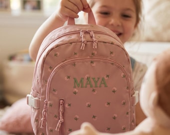 Custom Floral Kids Backpack, Korean Style Mini School Bag for Girls, Personalized Embroidered Name Daypack, Aesthetic Nylon Toddler Bag