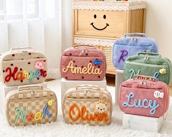 Personalized Textured Corduroy Lunchbox, Custom 3D Motif Rope Name Bag, Kids Insulated School Pouch, Toddler Back to School Picnic Gift