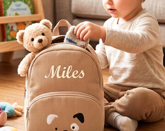 Gepersonaliseerde corduroy rugzak aangepaste puppy schooltas dagrugzak jongens kinderdagverblijf monogram verjaardagscadeau voor peuter kinderen kleuterschool