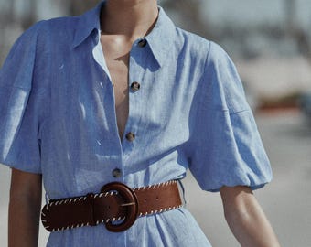 Zara Linen Midi Dress, Belted Button Front Dress, Puff Sleeve Collared Dress, Women’s Summer Shirt, Zara-Inspired Linen Blend Midi Dress