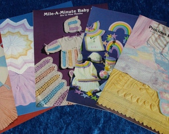 Lot 5 Knit & Crochet BABY PATTERN BOOKS! Round Blankets~Mile A Minute~Rainbow~Bonnets~Booties~Bibs~Dresses~Mobile~Shower Gift Ideas! Look