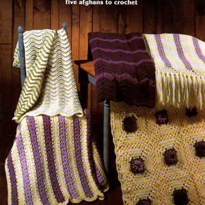 May include: Five crochet afghan patterns, titled "Mile-A-Minute and Violets". The patterns include a striped afghan, a wave pattern afghan, a square pattern afghan, and two solid color afghans.
