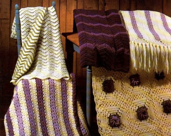 PDF PATTERN Mile-A-Minute & Violets - from JAO. 5 Quick Easy Crochet Afghan Blanket Patterns. Flower Motif,Stripes,Ripple,Reversable